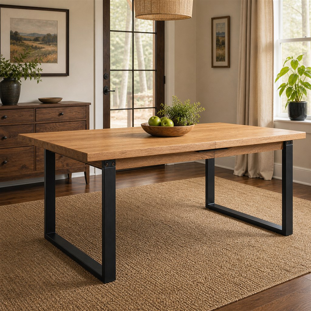 Extendable Oak Dining Table With a Telescoping Steel Frame - alternate full view