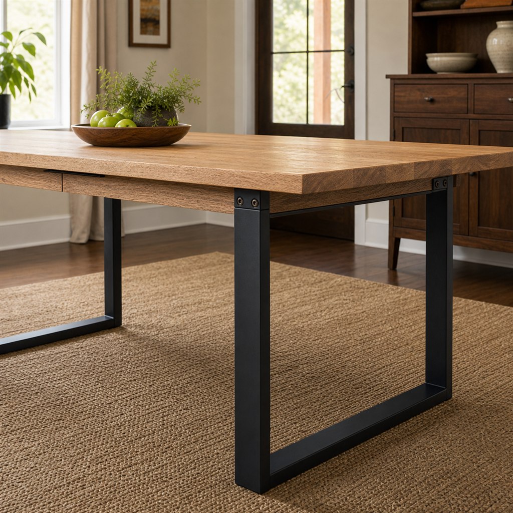 Extendable Oak Dining Table With a Telescoping Steel Frame - steel-frame detail