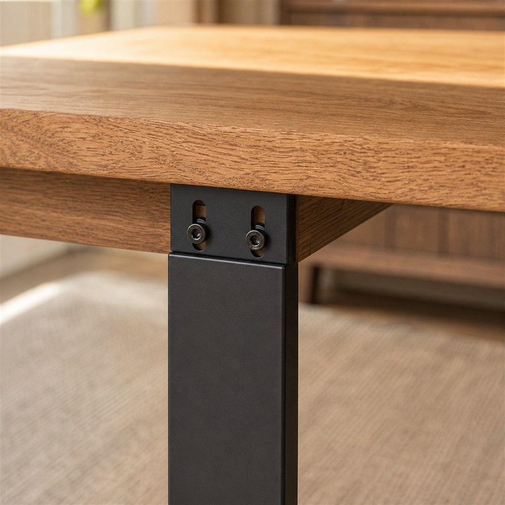 Extendable Oak Dining Table With a Telescoping Steel Frame - wood-to-steel interface detail