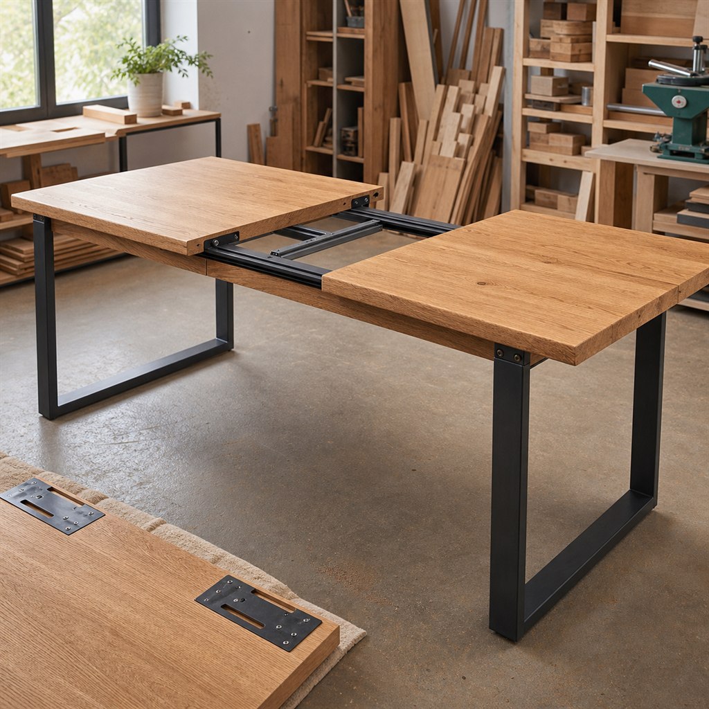 Extendable Oak Dining Table With a Telescoping Steel Frame - workshop dry-assembly view
