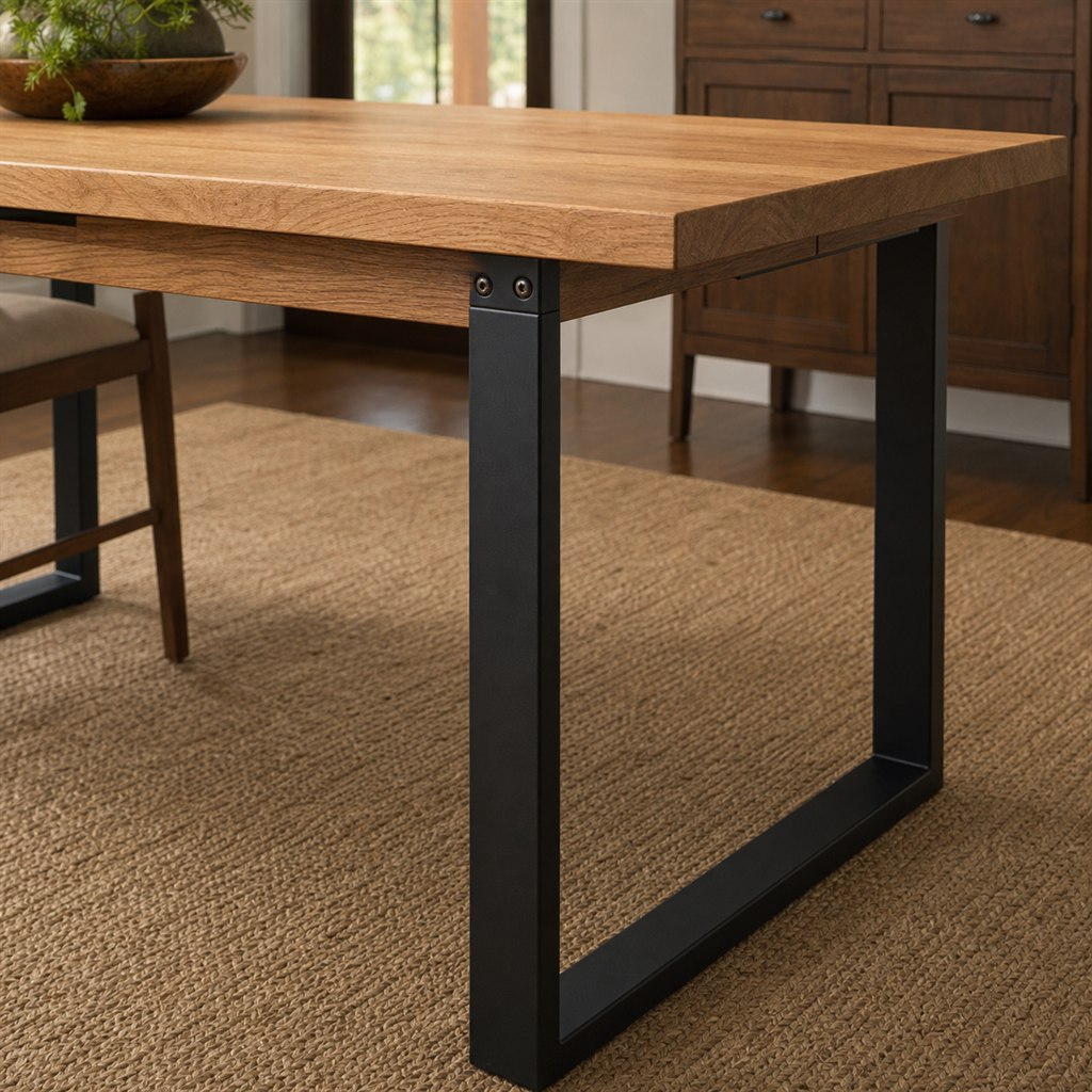 Extendable Oak Dining Table With a Telescoping Steel Frame - finished material detail