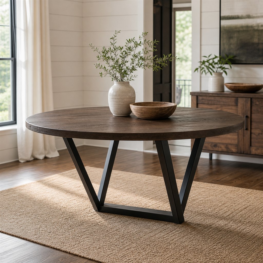 Smoked Oak Dining Table With Double-V Steel Legs