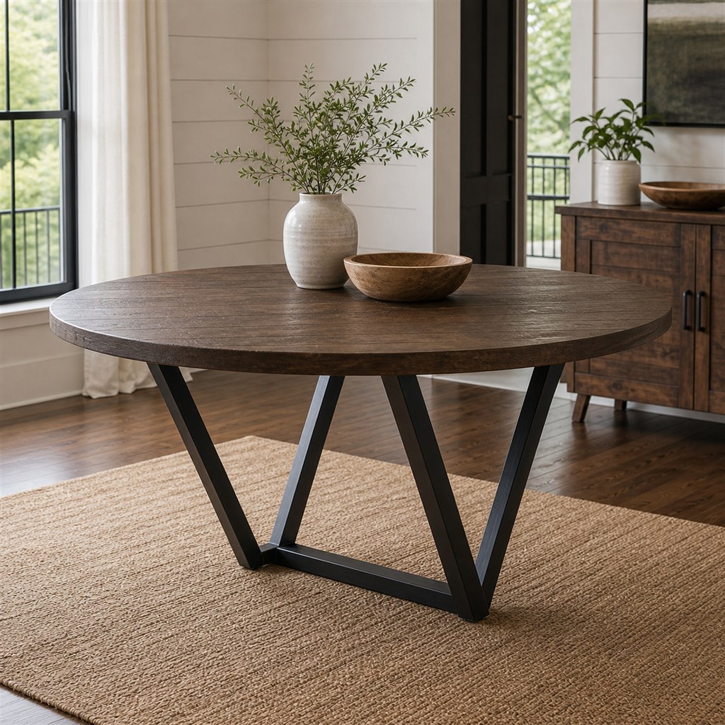 Smoked Oak Dining Table With Double-V Steel Legs - alternate full view