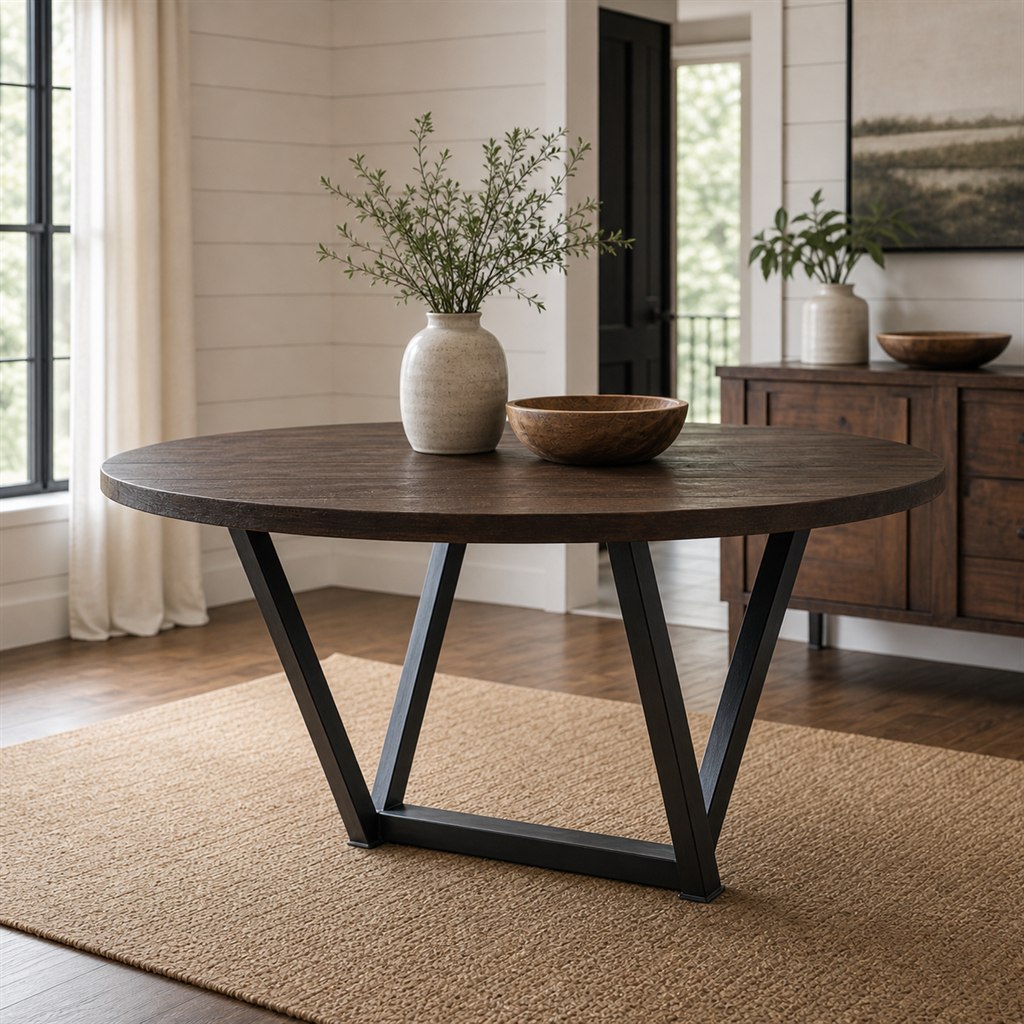 Smoked Oak Dining Table With Double-V Steel Legs - steel-frame detail