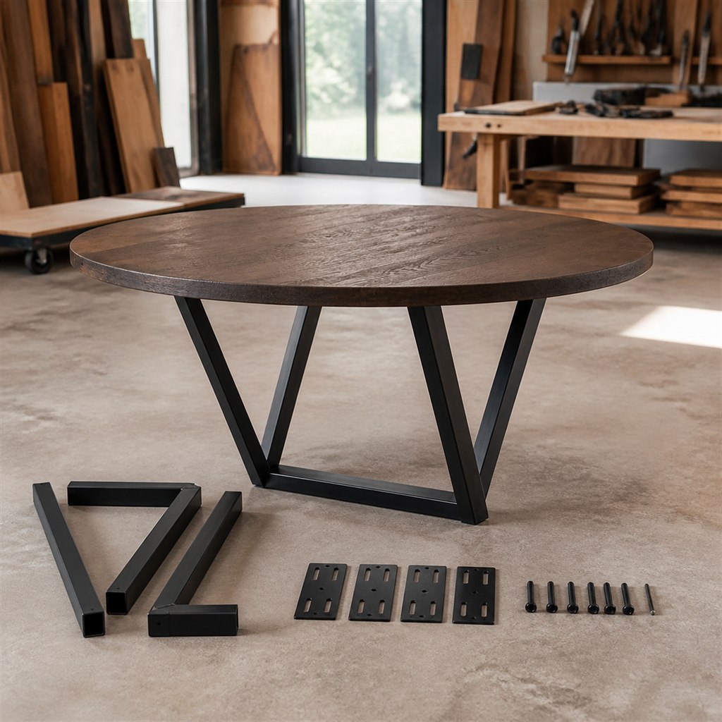 Smoked Oak Dining Table With Double-V Steel Legs - workshop dry-assembly view