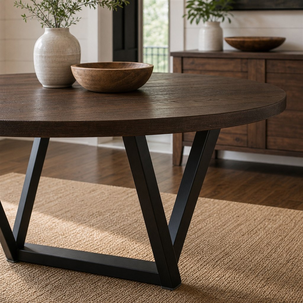 Smoked Oak Dining Table With Double-V Steel Legs - finished material detail