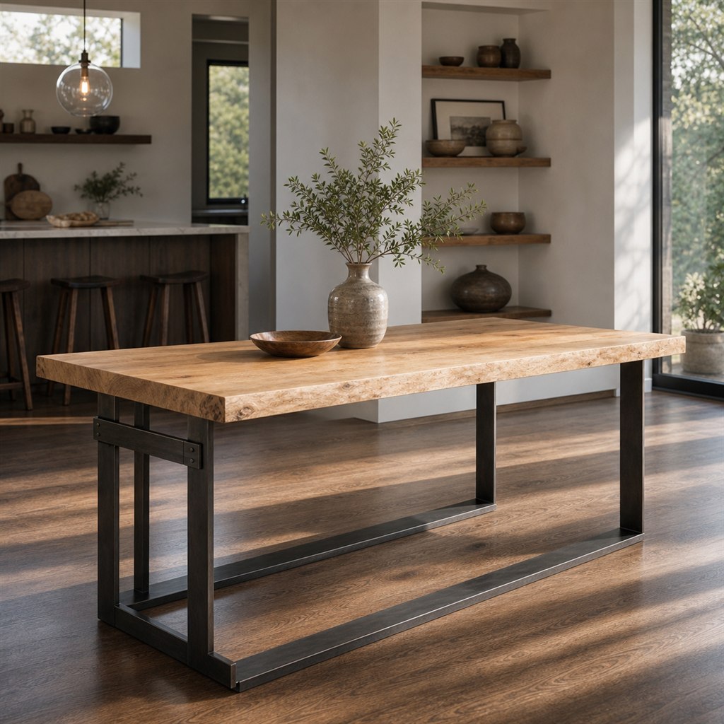 Maple Slab Dining Table With an Offset Box-Frame Base - alternate full view