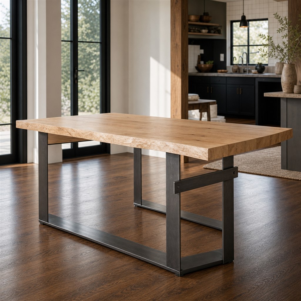Maple Slab Dining Table With an Offset Box-Frame Base - steel-frame detail