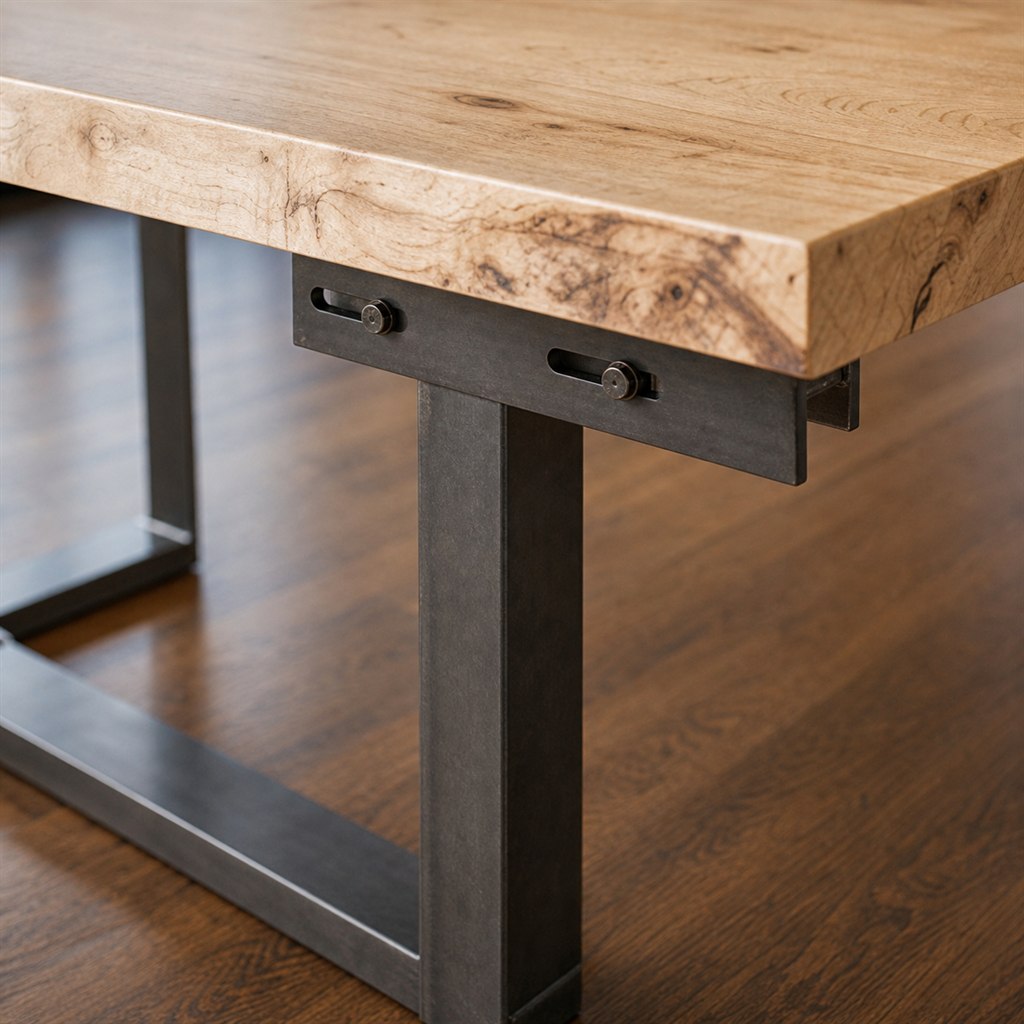 Maple Slab Dining Table With an Offset Box-Frame Base - wood-to-steel interface detail