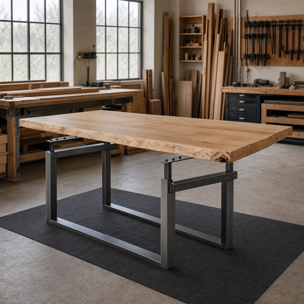 Maple Slab Dining Table With an Offset Box-Frame Base - workshop dry-assembly view
