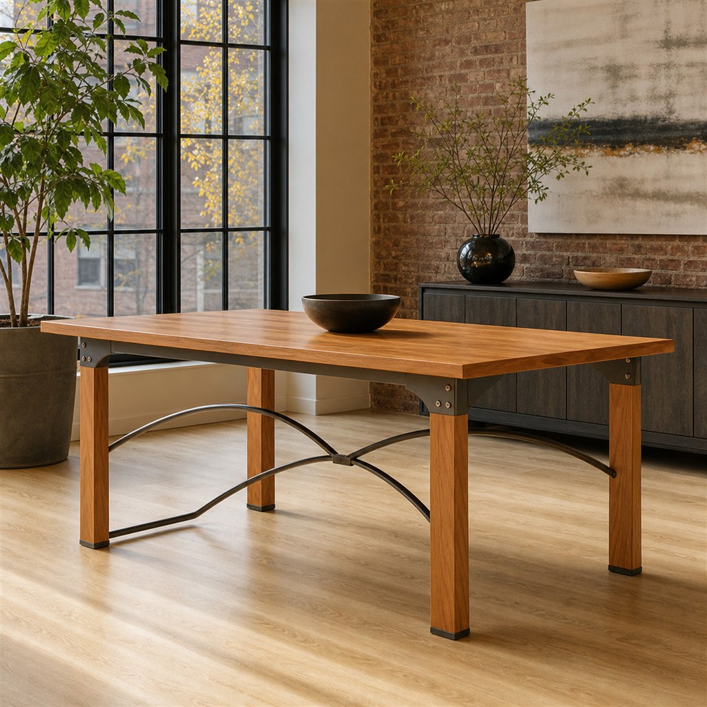 Cherry Dining Table With Arched Steel Stretchers - alternate full view