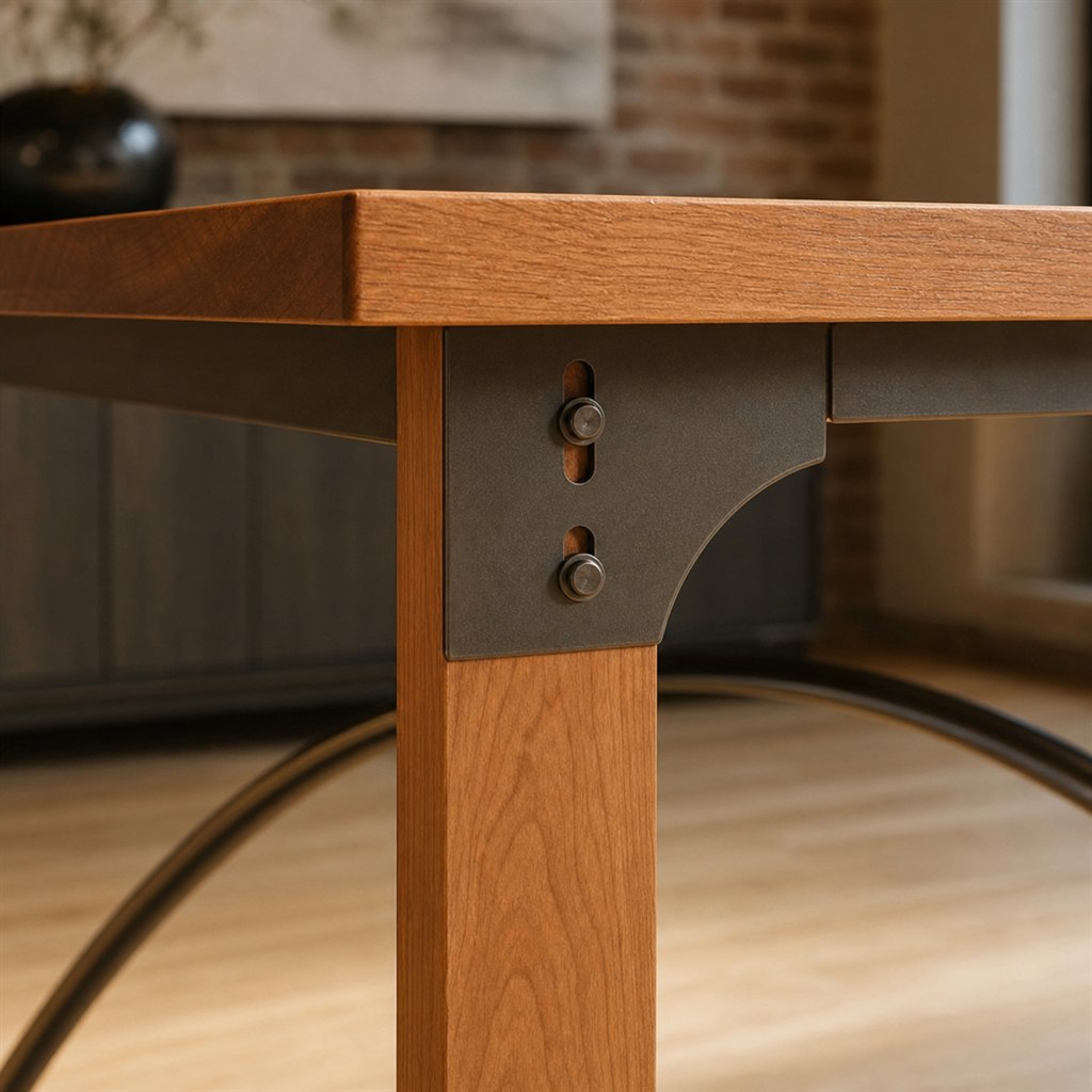Cherry Dining Table With Arched Steel Stretchers - wood-to-steel interface detail