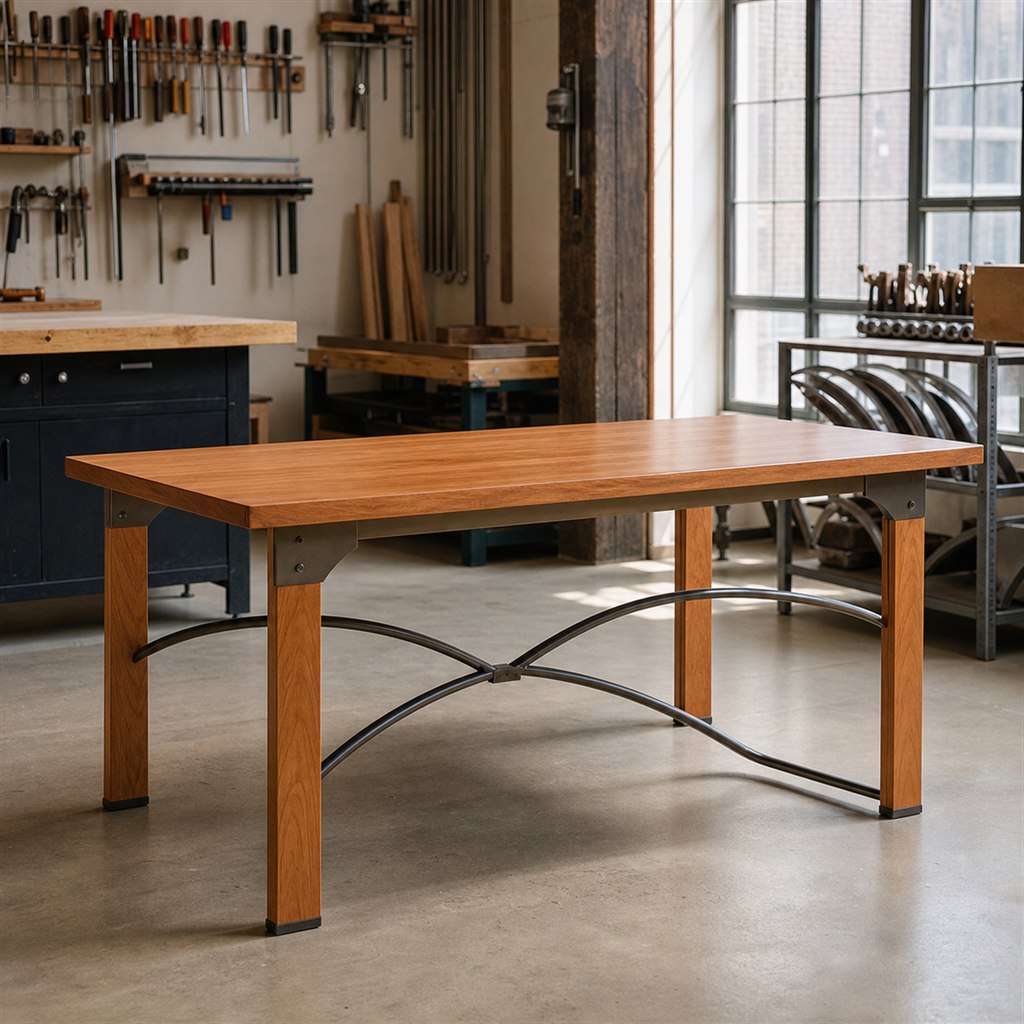 Cherry Dining Table With Arched Steel Stretchers - workshop dry-assembly view