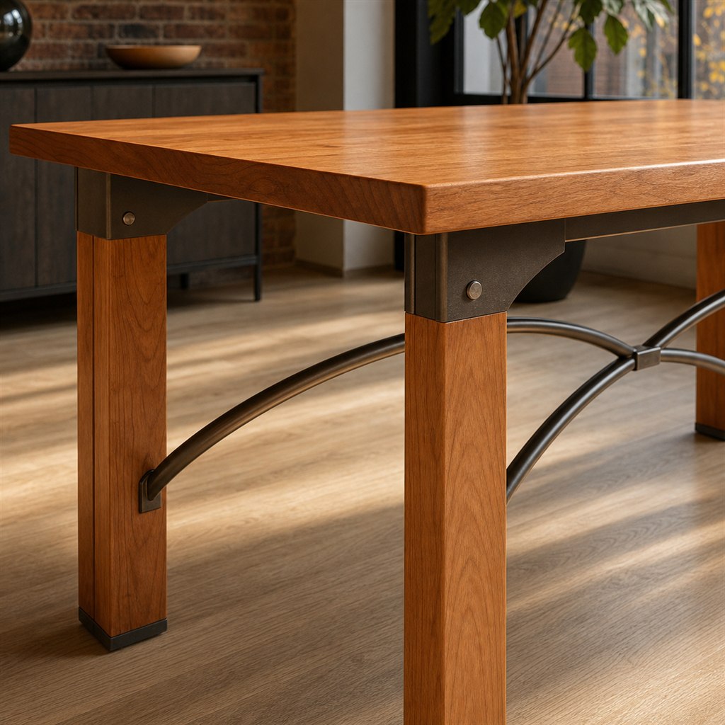 Cherry Dining Table With Arched Steel Stretchers - finished material detail