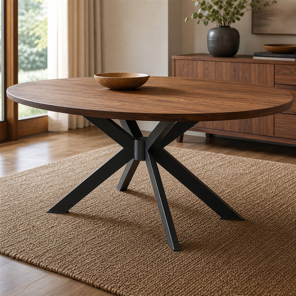 Oval Walnut Dining Table With a Sculpted Spider Base - steel-frame detail