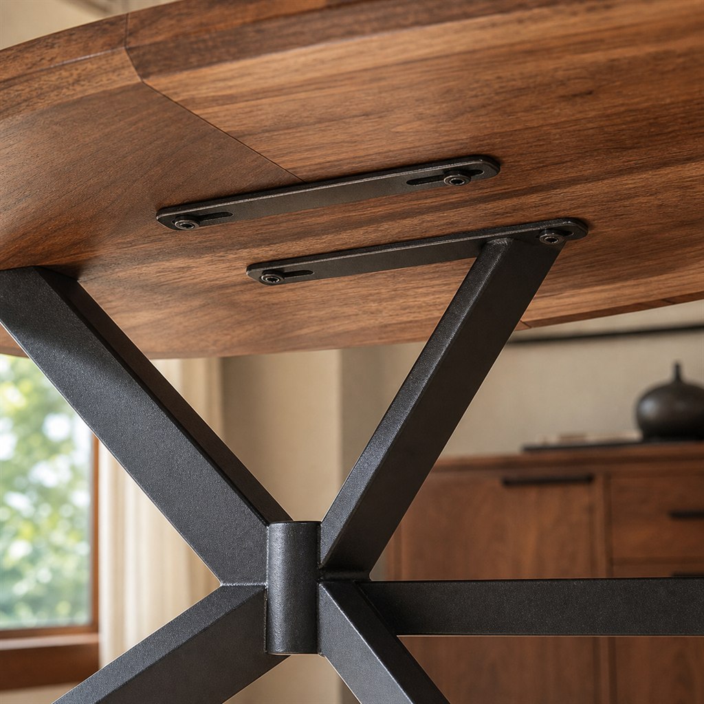 Oval Walnut Dining Table With a Sculpted Spider Base - wood-to-steel interface detail