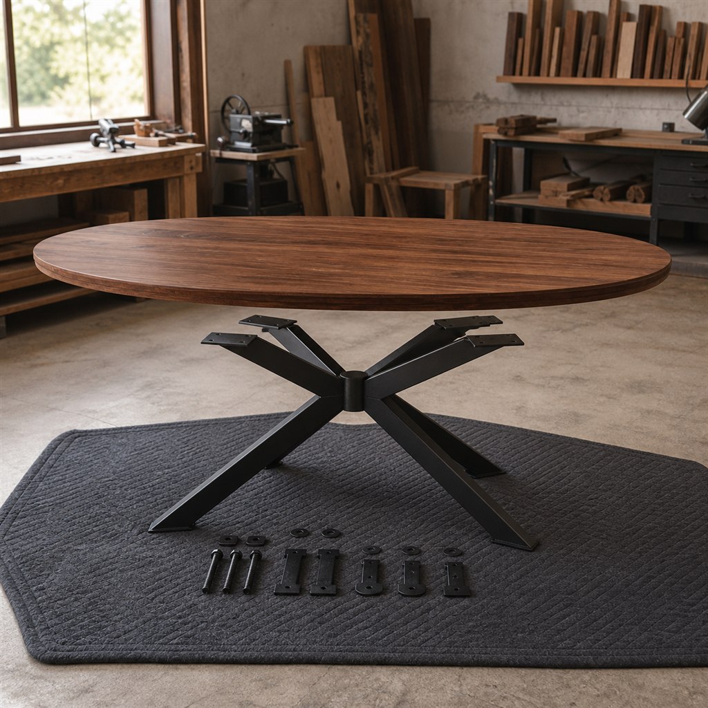 Oval Walnut Dining Table With a Sculpted Spider Base - workshop dry-assembly view