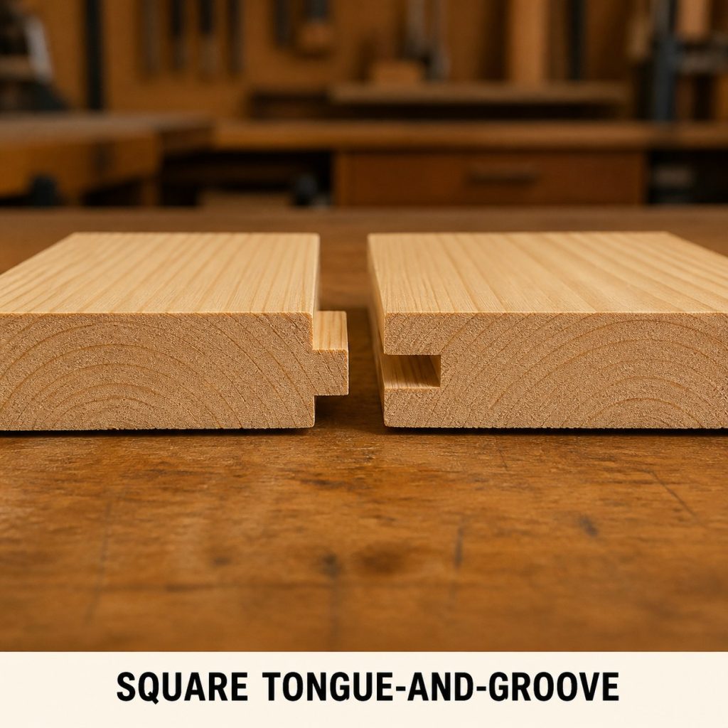 Photorealistic labeled example of Square Tongue-and-Groove showing the woodworking connection.