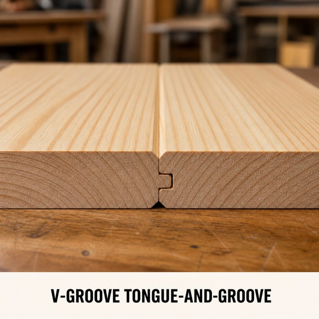 Photorealistic labeled example of V-Groove Tongue-and-Groove showing the woodworking connection.