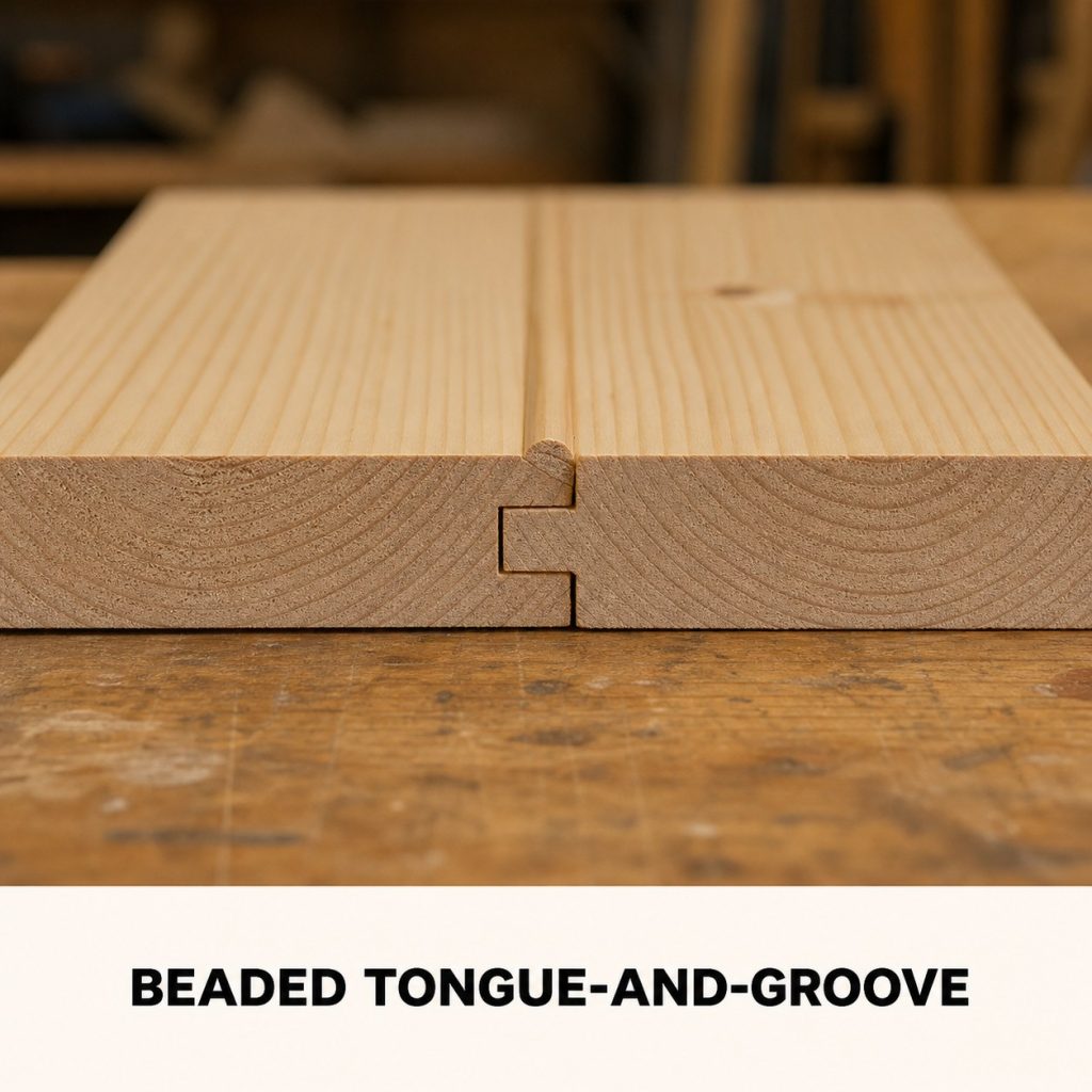 Photorealistic labeled example of Beaded Tongue-and-Groove showing the woodworking connection.