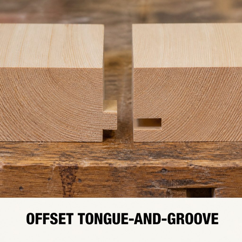 Photorealistic labeled example of Offset Tongue-and-Groove showing the woodworking connection.