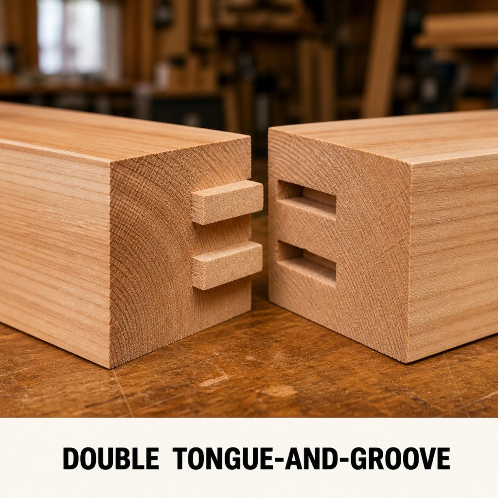 Photorealistic labeled example of Double Tongue-and-Groove showing the woodworking connection.