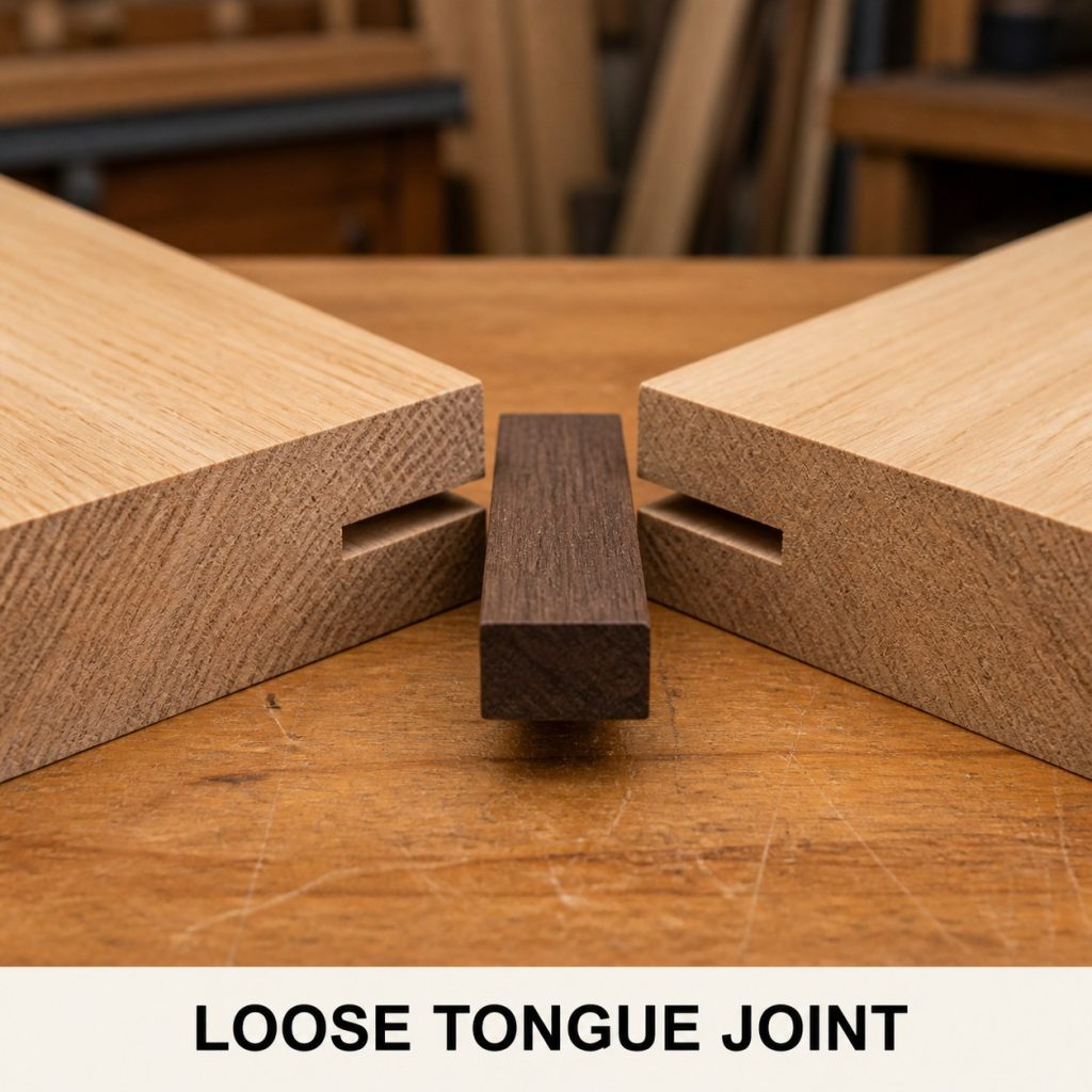 Photorealistic labeled example of Loose Tongue Joint showing the woodworking connection.