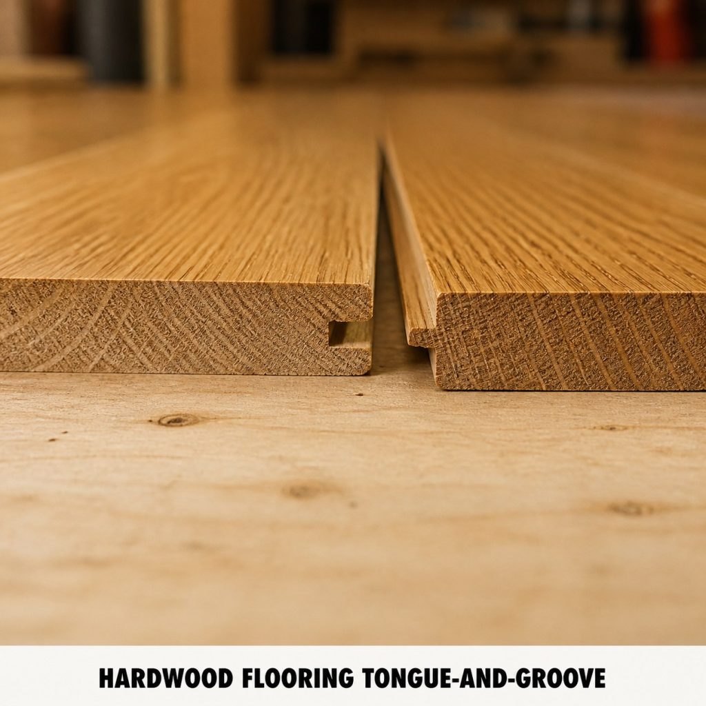Photorealistic labeled example of Hardwood Flooring Tongue-and-Groove showing the woodworking connection.