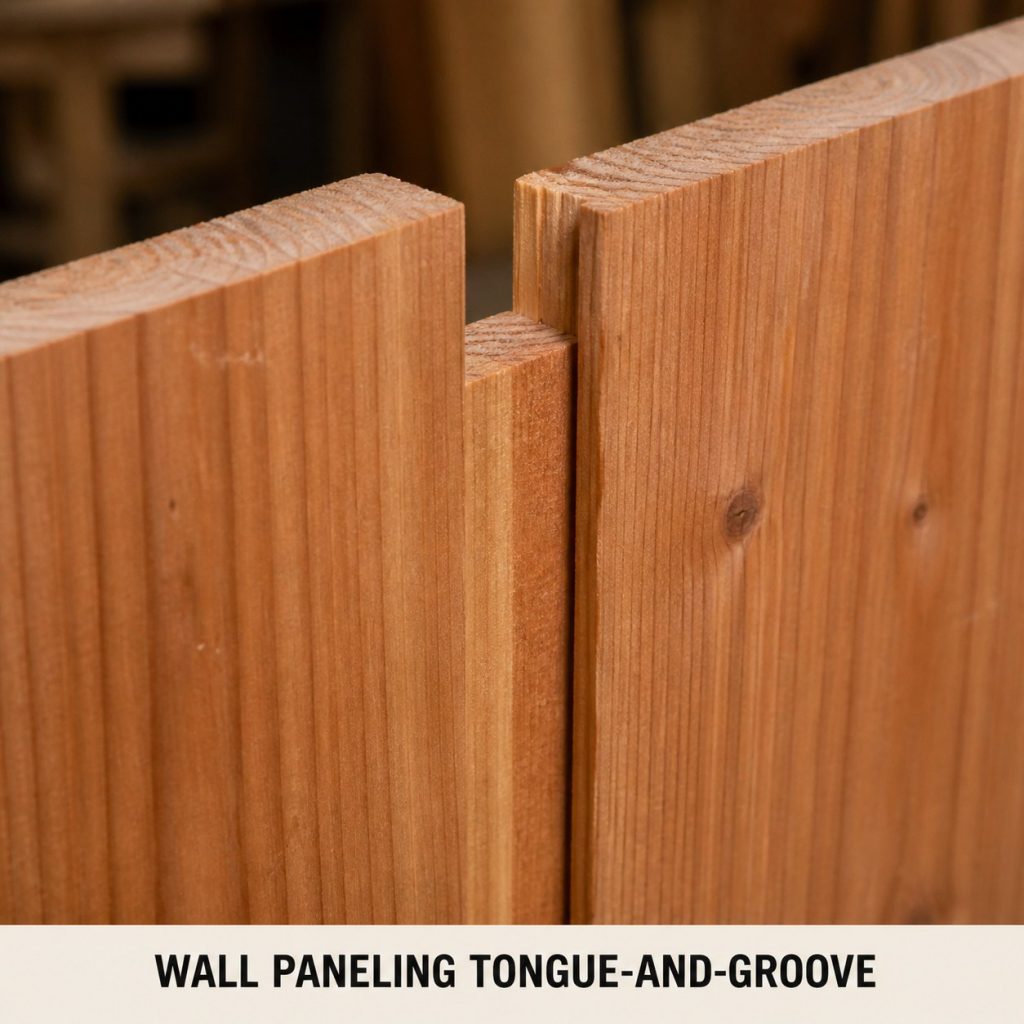 Photorealistic labeled example of Wall Paneling Tongue-and-Groove showing the woodworking connection.
