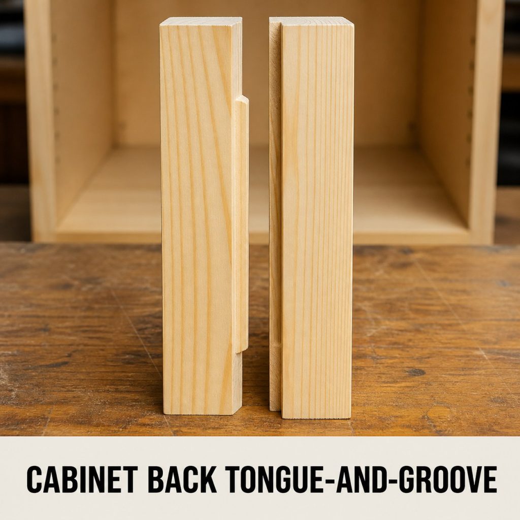 Photorealistic labeled example of Cabinet Back Tongue-and-Groove showing the woodworking connection.