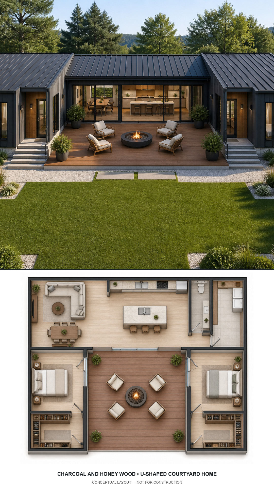 Charcoal and Honey Wood U-Shaped Courtyard Home exterior and furnished conceptual floor plan