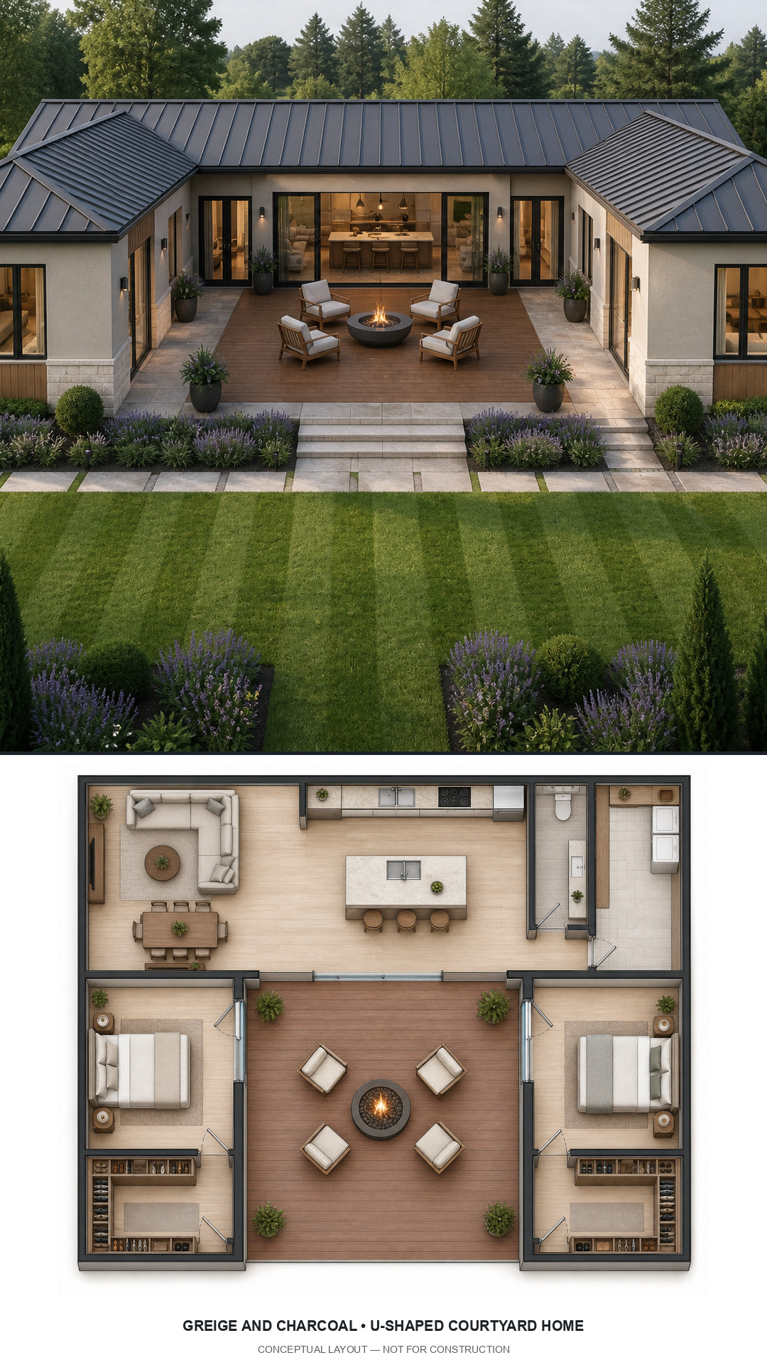 Greige and Charcoal U-Shaped Courtyard Home exterior and furnished conceptual floor plan