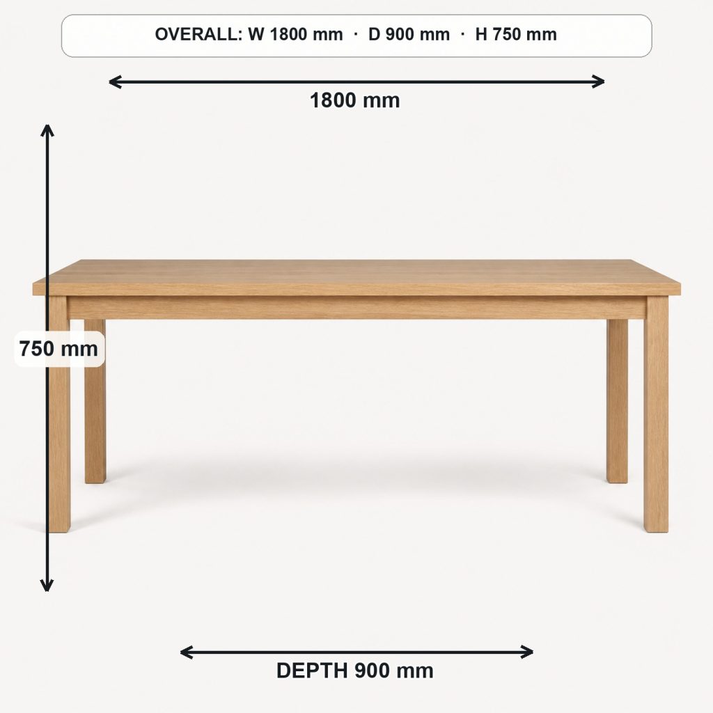 modern white-oak dining table front elevation and overall proportions, overall dimensions 1800 mm wide × 900 mm deep × 750 mm high
