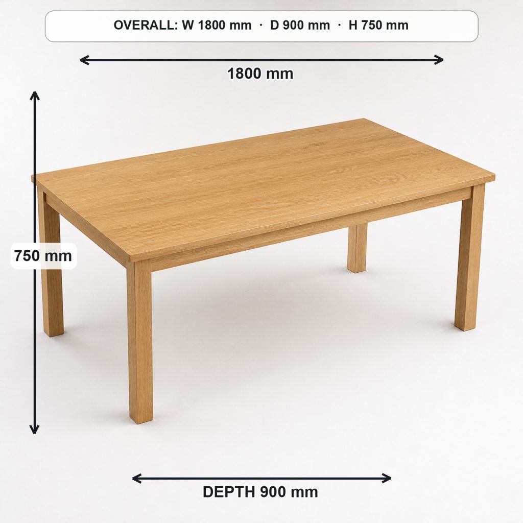 modern white-oak dining table top view and usable surface, overall dimensions 1800 mm wide × 900 mm deep × 750 mm high