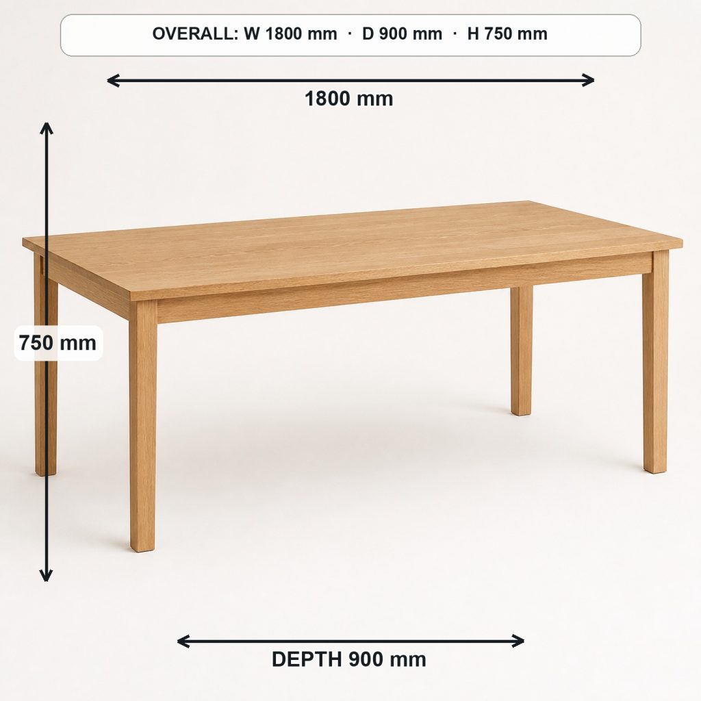 modern white-oak dining table rear construction and support, overall dimensions 1800 mm wide × 900 mm deep × 750 mm high