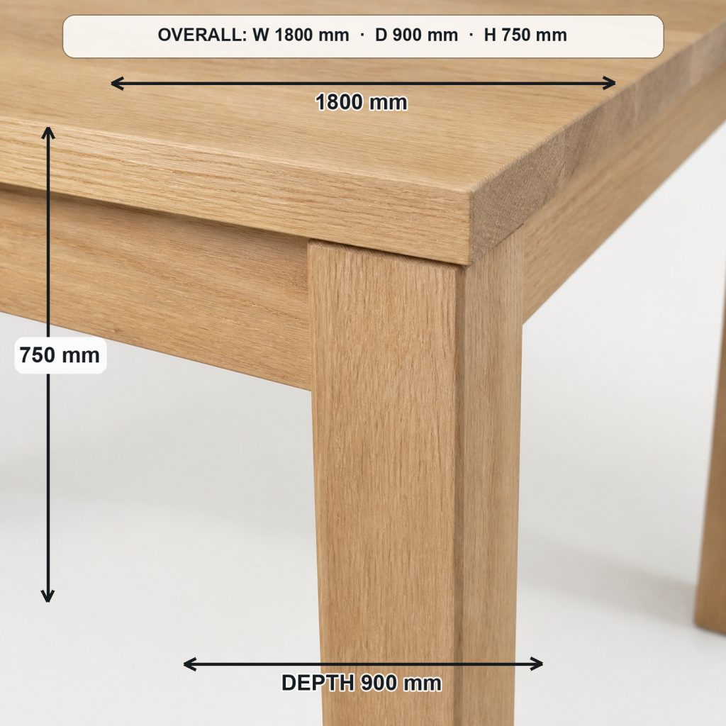 modern white-oak dining table primary joinery detail, overall dimensions 1800 mm wide × 900 mm deep × 750 mm high