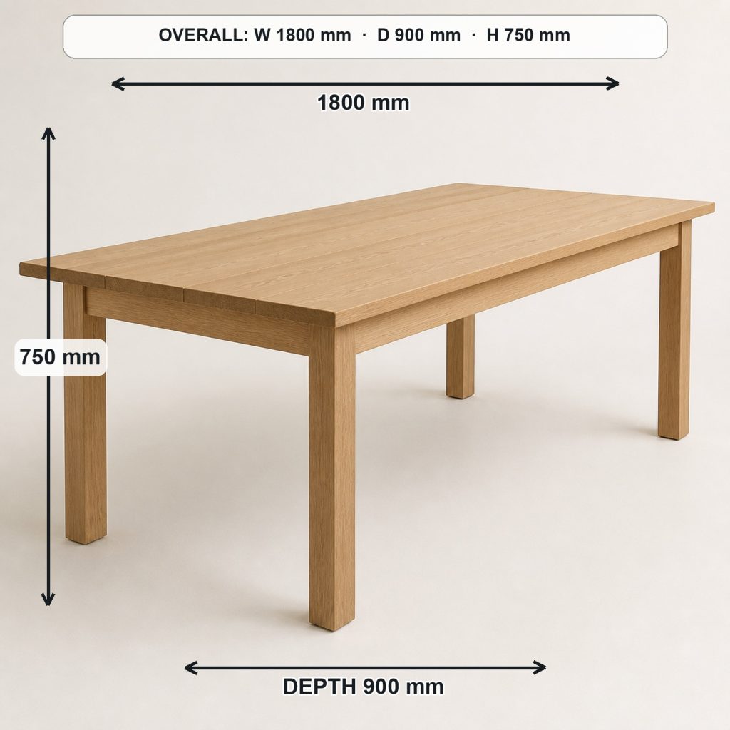 modern white-oak dining table storage or functional detail, overall dimensions 1800 mm wide × 900 mm deep × 750 mm high