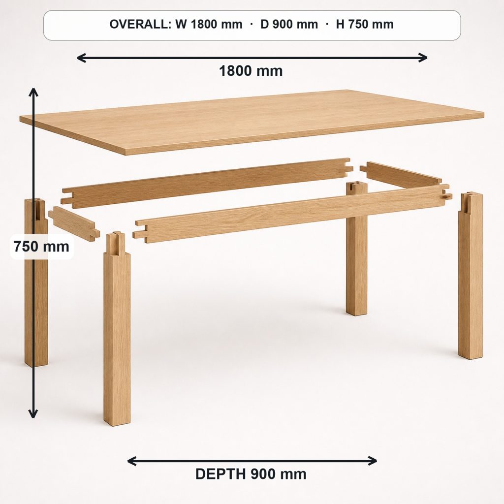 modern white-oak dining table exploded construction overview, overall dimensions 1800 mm wide × 900 mm deep × 750 mm high