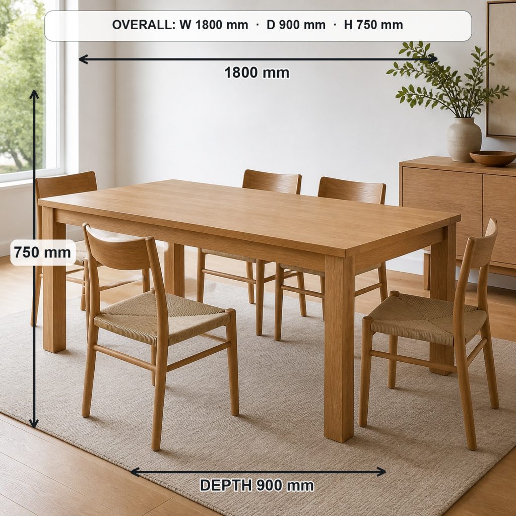 modern white-oak dining table project shown in a real room, overall dimensions 1800 mm wide × 900 mm deep × 750 mm high