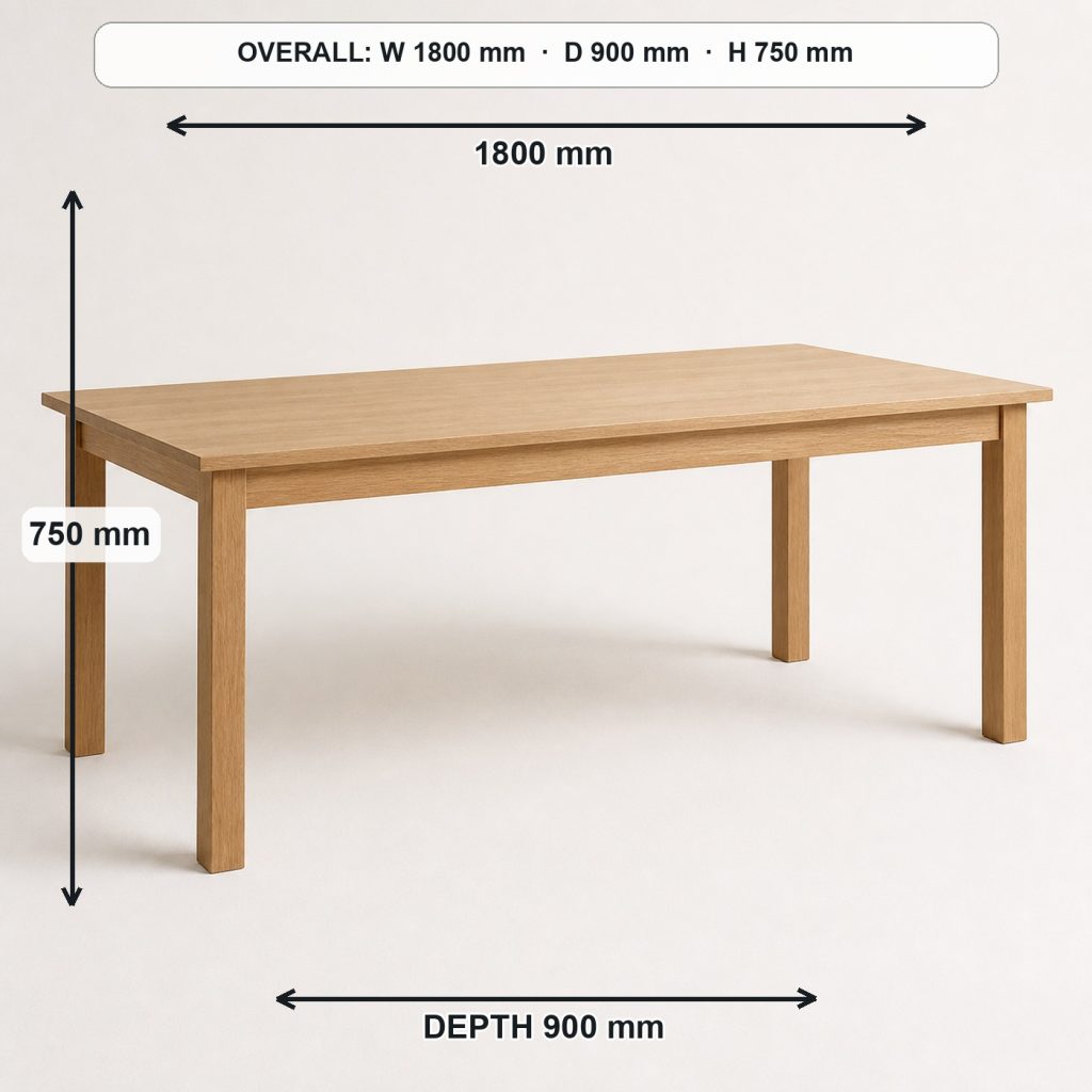 modern white-oak dining table finished project variation, overall dimensions 1800 mm wide × 900 mm deep × 750 mm high