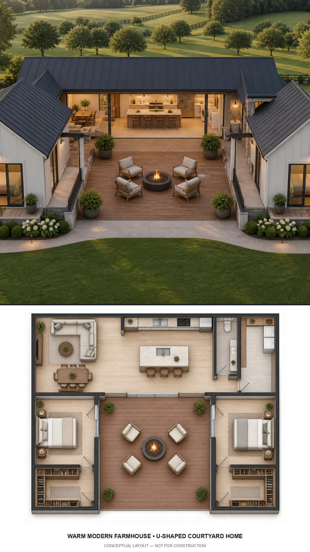 Warm Modern Farmhouse U-Shaped Courtyard Home exterior and furnished conceptual floor plan