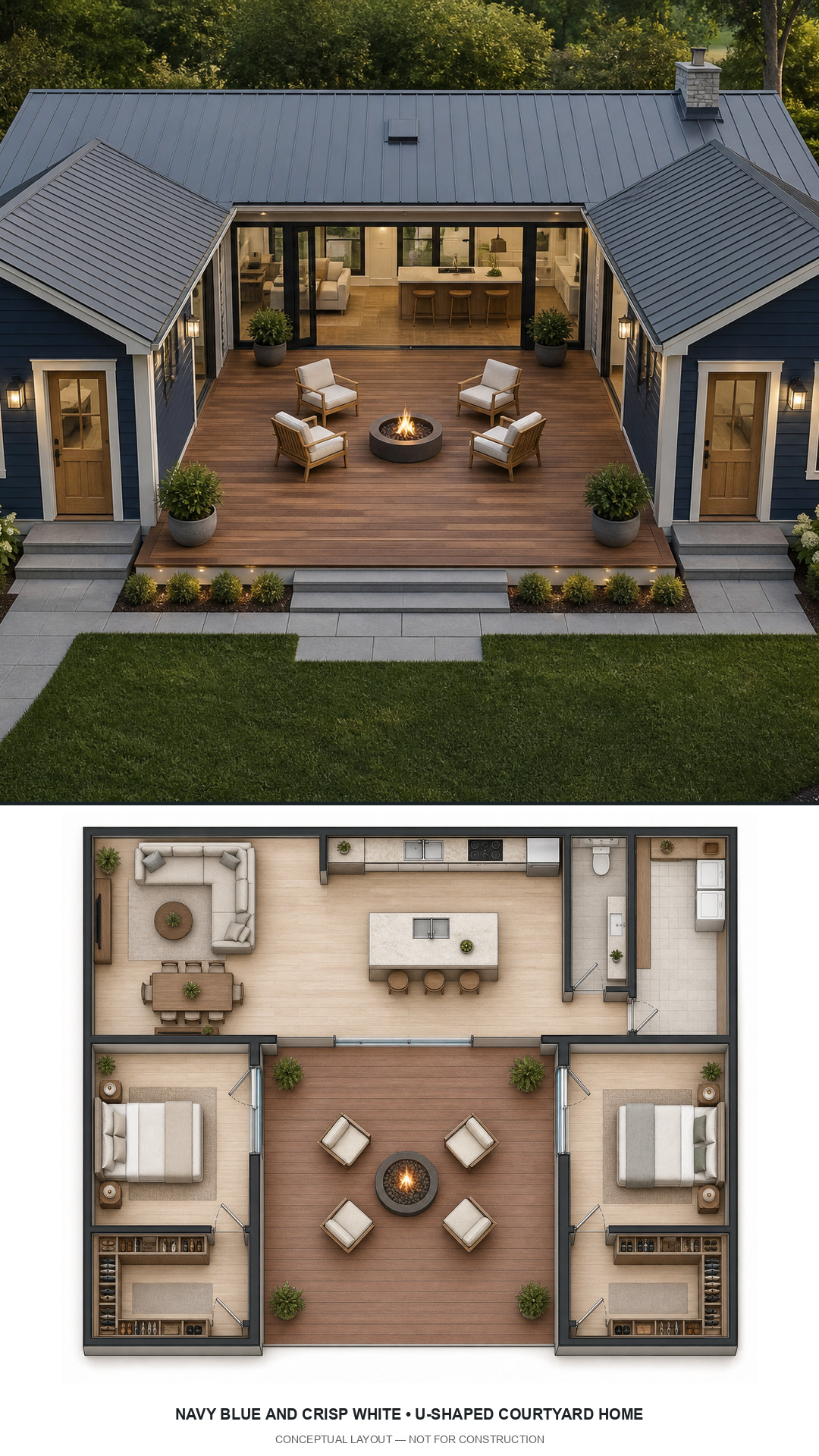 Navy Blue and Crisp White U-Shaped Courtyard Home exterior and furnished conceptual floor plan