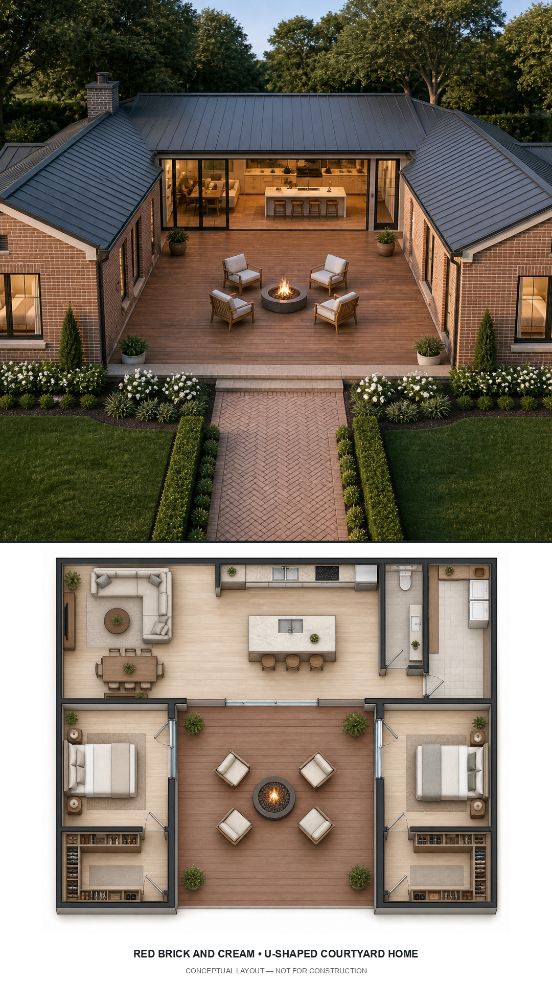 Red Brick and Cream U-Shaped Courtyard Home exterior and furnished conceptual floor plan