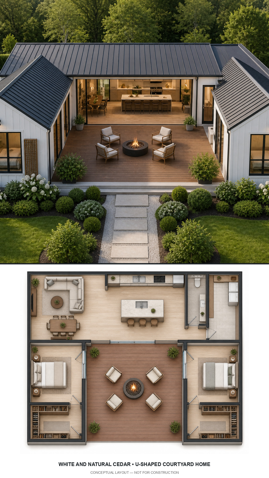 White and Natural Cedar U-Shaped Courtyard Home exterior and furnished conceptual floor plan