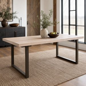 Whitewashed Oak Dining Table With Bronze-Finish Steel Legs