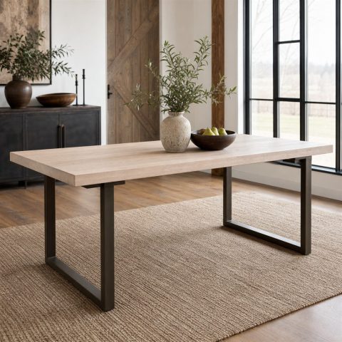 Whitewashed Oak Dining Table With Bronze-Finish Steel Legs
