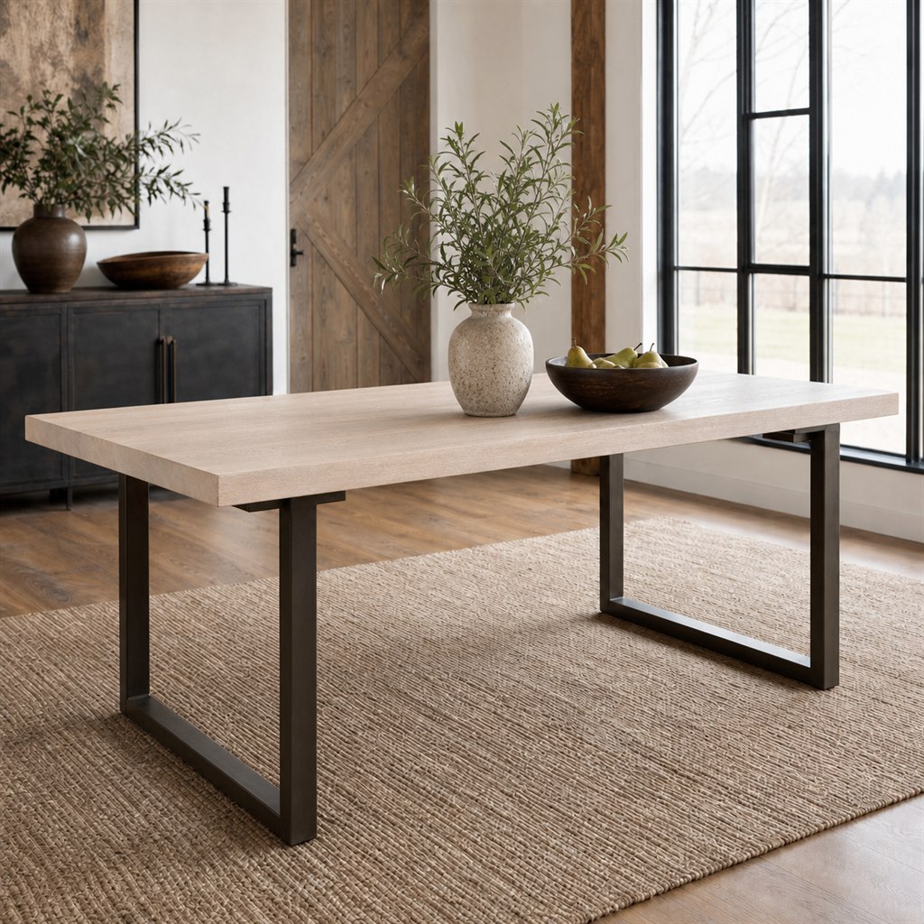 Whitewashed Oak Dining Table With Bronze-Finish Steel Legs - alternate full view