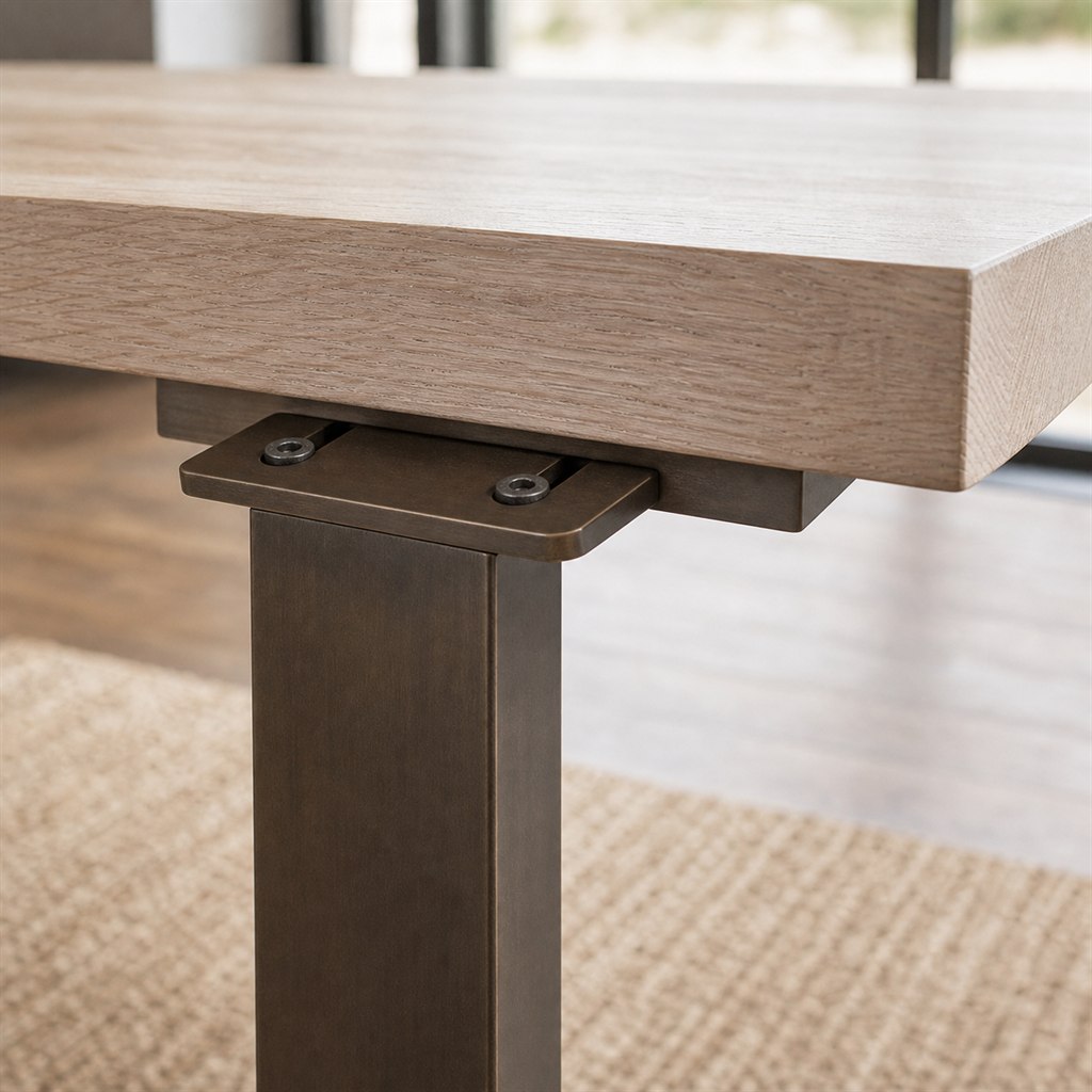 Whitewashed Oak Dining Table With Bronze-Finish Steel Legs - wood-to-steel interface detail