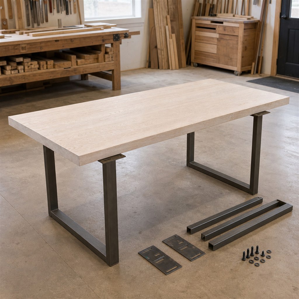 Whitewashed Oak Dining Table With Bronze-Finish Steel Legs - workshop dry-assembly view