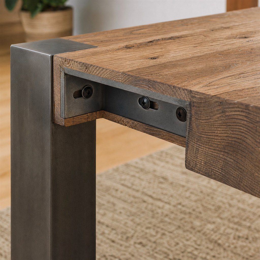 Parsons Dining Table With Flush Steel Corner Frames - wood-to-steel interface detail